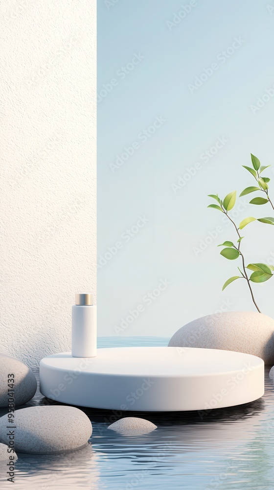 Wall mural Minimalist Product Display with White Cylinder and Stones in Water.