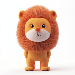 A cute, cartoon-style lion with fluffy mane standing on white background