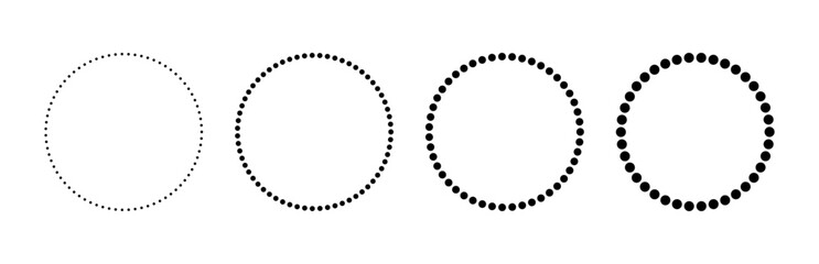Dotted circle icons set. Dotted round lines. Design ring frame. Geometric monochrome shape. Pattern circle. Vector illustration isolated on white background.