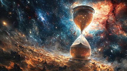 16. A conceptual album cover design with a large hourglass in the foreground, the sand inside flowing upward instead of down, with a cosmic background of stars and galaxies, suggesting themes of
