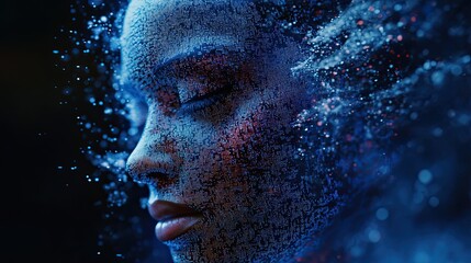 15. A futuristic and abstract album cover featuring a digital human face made up of thousands of tiny pixels, with some pixels breaking away and floating in the air, set against a dark background,