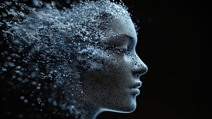 15. A futuristic and abstract album cover featuring a digital human face made up of thousands of tiny pixels, with some pixels breaking away and floating in the air, set against a dark background,