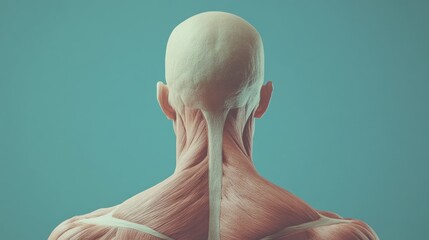Fototapeta premium Rear view of a human male torso with visible musculature and tendons, against a blue background.