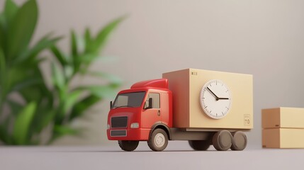 A vibrant red delivery truck carrying a parcel marked with a clock, symbolizing timely shipping and logistics for e-commerce.
