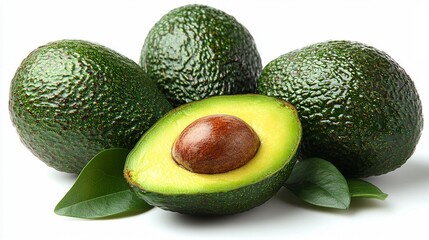 Fresh Green Avocados with Leaves 