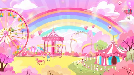 Kid playground park with rainbow cartoon
