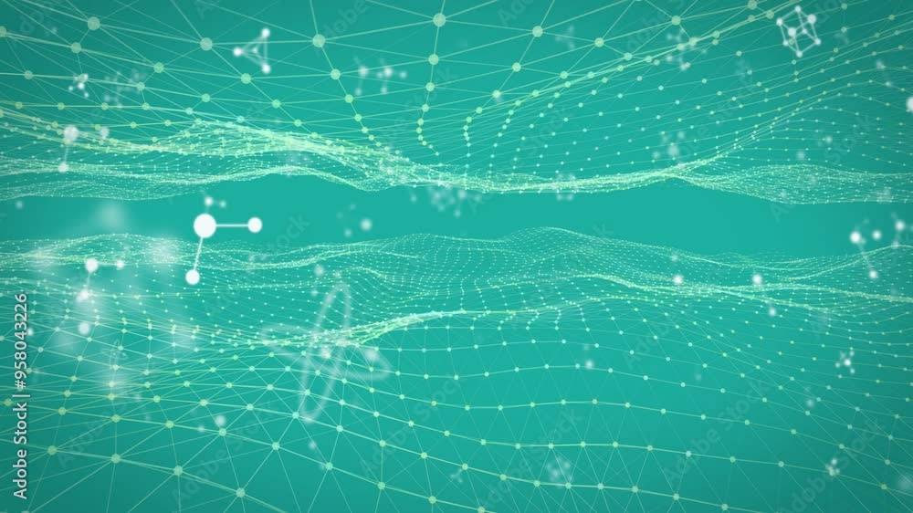 Poster network of connections and data processing animation over green background