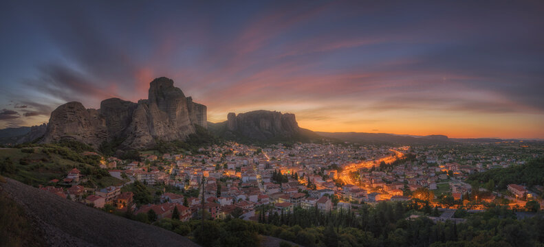 Sunrise view of Meteora and Kastraki skyline in Greece