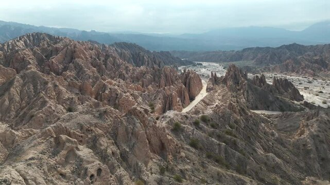 Close-up aerial view about the Quebrada de Las Flechas mountain ridge, Salta, Argentina, South America.