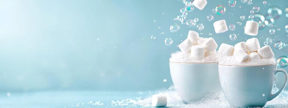  Two mugs, brimmed with sugar and marshmallows, sit atop a tranquil, azure surface Marshmallows release bubbles as they diss