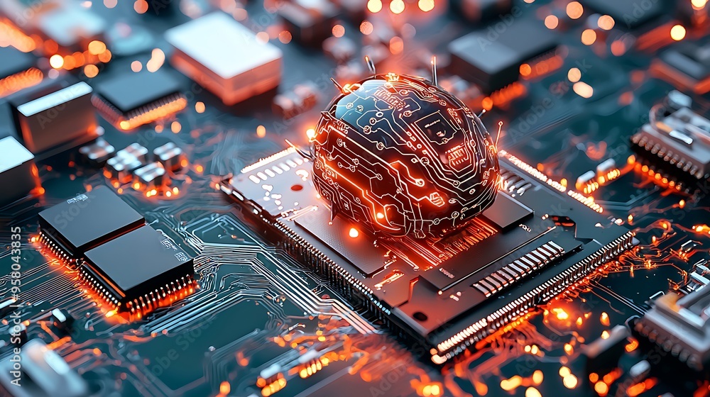 Poster a futuristic circuit board with a glowing sphere, merging advanced technology with a sci-fi aestheti