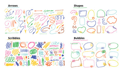 A large set of various bright hand-drawn elements, doodles, arrows, frames, bubbles. Vector elements for presentation design.