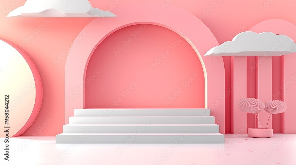 Aufkleber a pink and white minimalist 3d background with abstract steps, creating a clean and modern design.