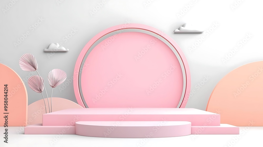 Poster a pink minimalist display platform with geometric shapes and clouds, perfect for showcasing products