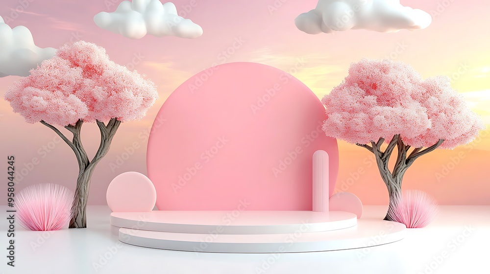 Poster a pink minimalist product display scene adorned with trees and fluffy clouds, creating a serene atmo