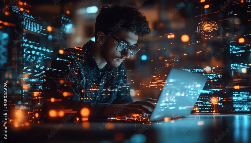 Poster Concept of IT support and customer service, showcasing a software engineer working on a laptop, with global network and internet technology visuals