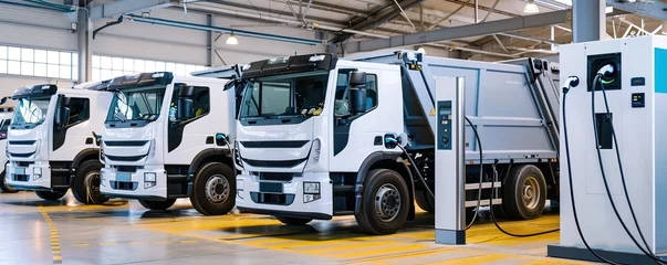 Tableau sur plexiglas Véhicules Electric garbage trucks at charging station in depot  © Larisa