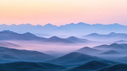 A high-definition, distant view of the Qilian Mountains at dawn, with mist, soft colors, and smooth textures creating a serene and artistic landscape