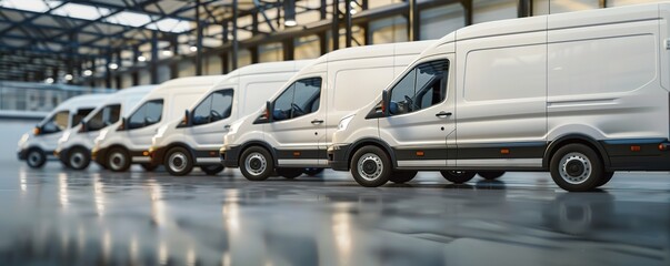 Row of new white vans parked inside spacious industrial area