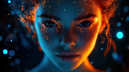 Child with glowing patterns on skin against blue backdrop