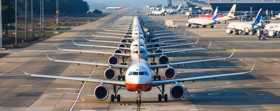 Row of airplanes lined up on airport tarmac at sunrise