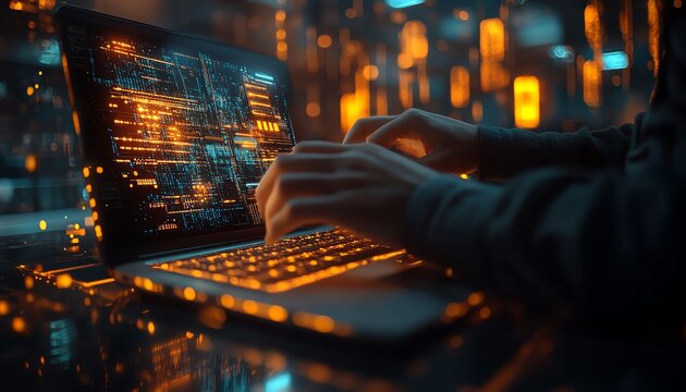 Concept of IT support and customer service, showcasing a software engineer working on a laptop, with global network and internet technology visuals