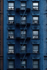 A fire escape climbs a blue brick building. This photo depicts a typical urban landscape, highlighting a fire escape as a necessary safety feature.