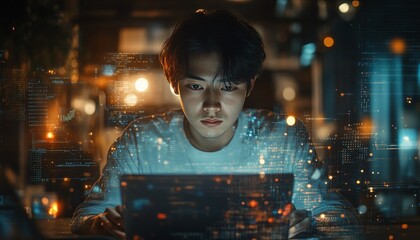 Concept of IT support and customer service, showcasing a software engineer working on a laptop, with global network and internet technology visuals