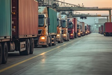 Row of trucks at loading docks with containers