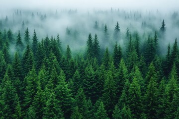 Fototapeta premium Dense evergreen forest shrouded in mist. Perfect for illustrating concepts of nature, mystery, or tranquility.