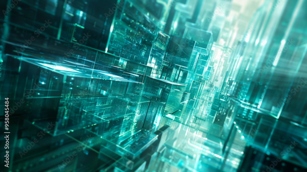 Poster a computer generated image of a cityscape with many buildings and glass windows. the image has a fut