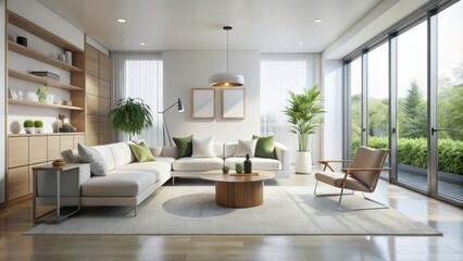 Fototapeta premium A minimalist interior decor features modern furniture pieces against a white backdrop, with generous windows allowing