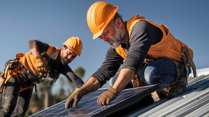Two workers in safety gear and helmets installing solar panels on a rooftop under clear blue sky. Focus on renewable energy and professional installation.