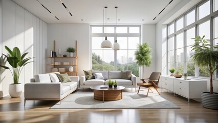 Fototapeta premium A minimalist interior space with modern furnishings showcases a crisp white palette and abundant natural light,
