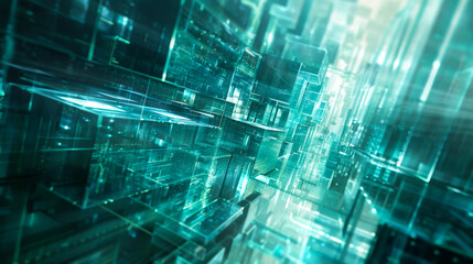 A computer generated image of a cityscape with many buildings and glass windows. The image has a futuristic and technological feel to it.