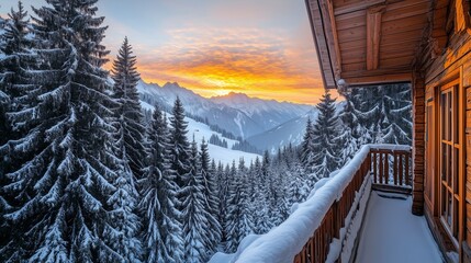 Obraz premium Beautiful snowy landscape at sunset, with frozen trees and a ski resort in the distance