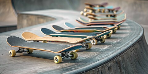 Row of skateboards on a ramp in a skate park