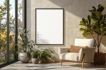 Poster Frame in Beige minimalist living room interior created with generative AI
