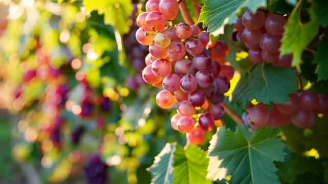 Sun-Kissed Grapes: A vibrant cluster of plump, red grapes hangs from a vine, bathed in the warm glow of the setting sun. The image evokes a sense of abundance, sweetness, and the beauty of nature's bo