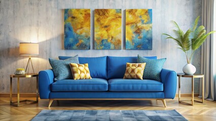 A modern living room comes alive with a bold blue sofa, intricately patterned pillows, and a vibrant abstract