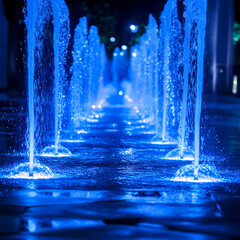 Blue Illuminated Fountains at Night in City Square