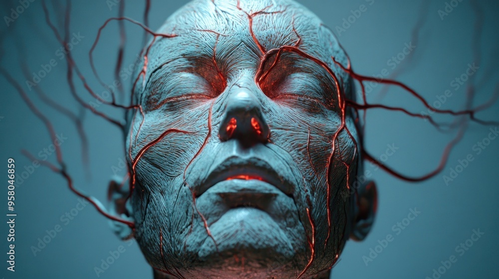 Wall mural a 3d rendering of a human face with glowing red veins, representing the concept of human connection.