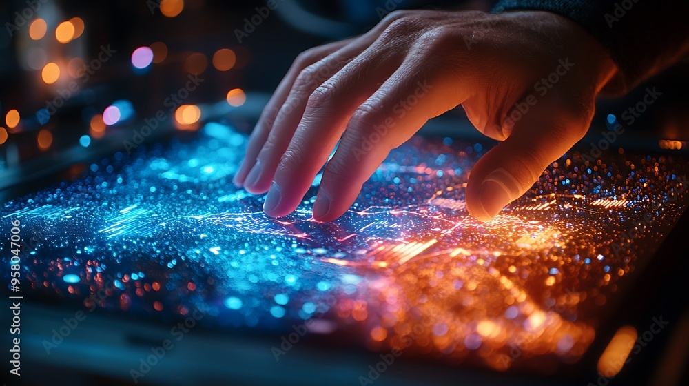 Poster a hand interacts with digital data on a tablet, surrounded by abstract lights and a futuristic vibe.