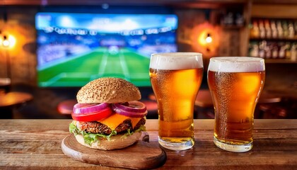 Burgers, French fries and beer in the bar against the background of a TV showing a football match.. Generated image
