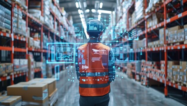 Warehouse worker using augmented reality for managing inventory and logistics