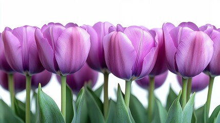 Fototapeta premium Purple Tulips in Harmony: A captivating close-up of vibrant violet tulips, their petals delicately unfurling against a pristine white backdrop, evokes feelings of springtime bliss and floral elegance.