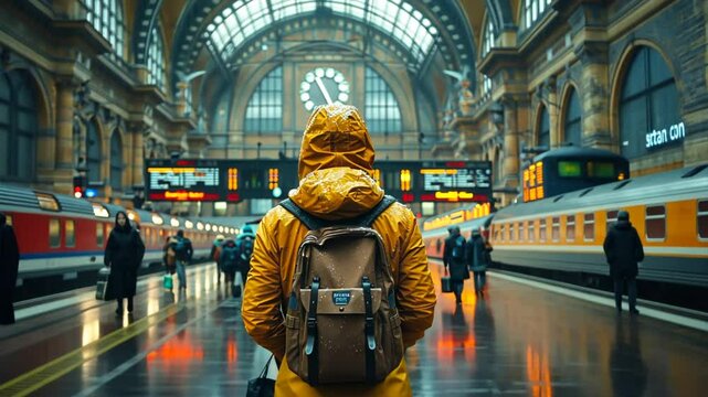 Awaiting the Journey: A lone traveler, shrouded in a yellow raincoat, stands at the edge of a bustling train platform, their gaze fixed on the departing train. The rain-slicked tiles reflect the vibra