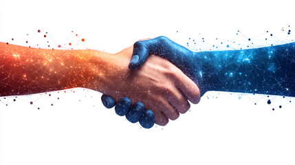 A vibrant handshake symbolizing unity and collaboration between diverse forces in a cosmic backdrop.