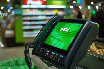 A payment terminal displaying "paid" on a green screen, with a grocery store background slightly out of focus, representing a successful payment in a retail environment