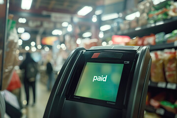 Obraz premium A payment terminal in a supermarket with the word 